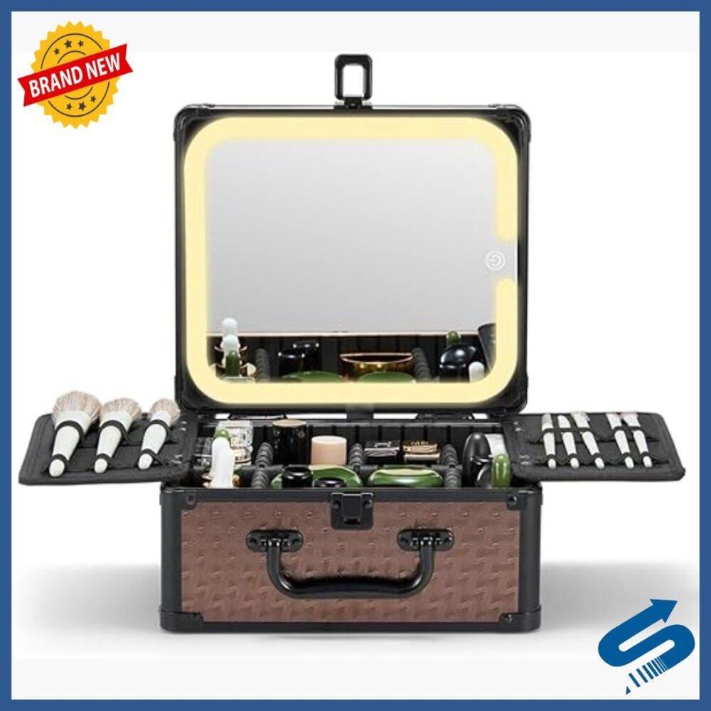 Waterproof Travel Train Case with LED Mirror, Adjustable Dividers, Cosmetic